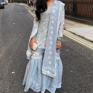 Blue formal three-piece Pakistani Gharara for Eid!